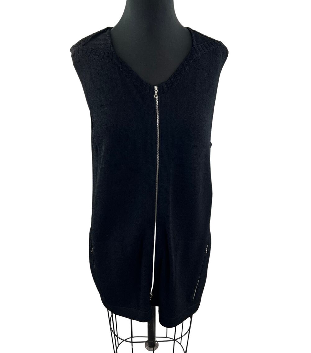Barbara Wells Studio Sleeveless Zip Front Cardigan Black Pockets Size L Large